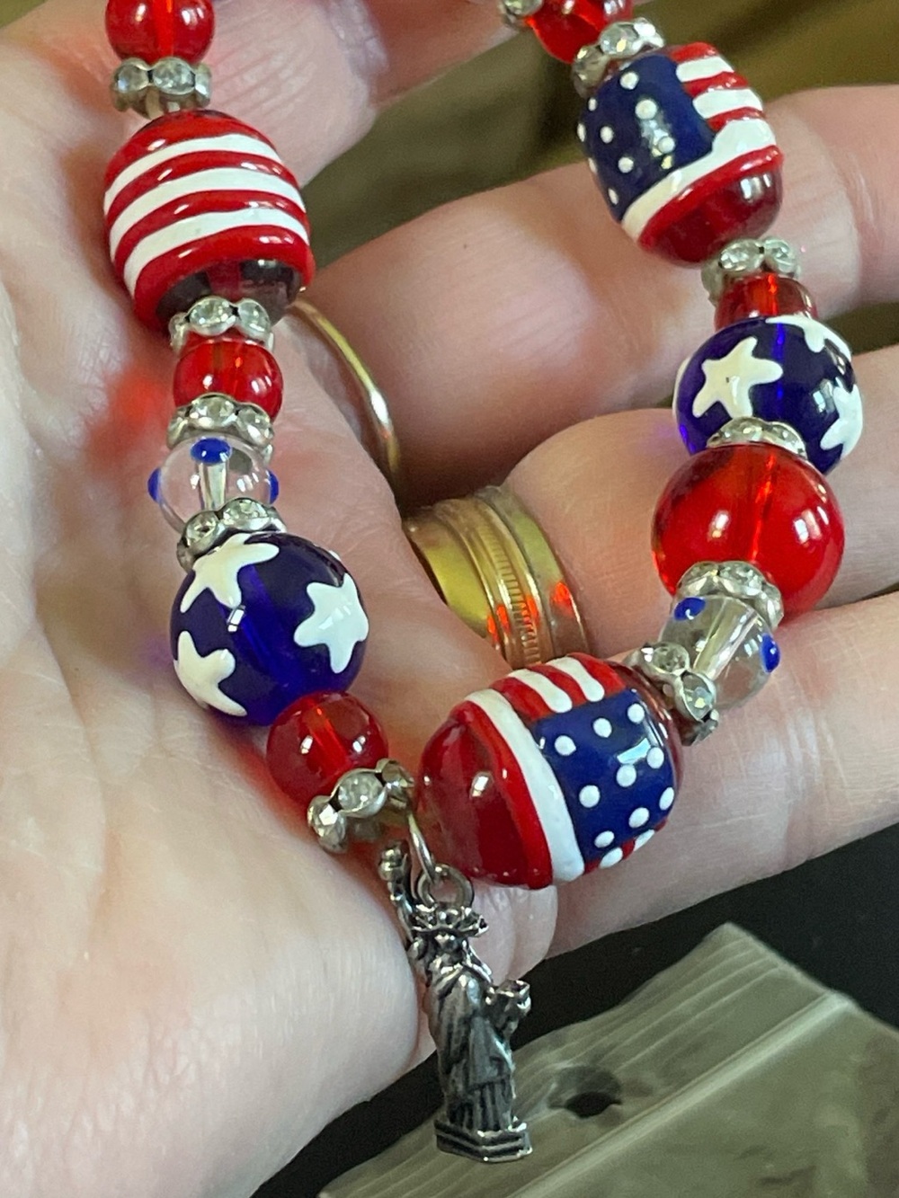 Patriotic Red, White & Blue Beaded Bracelet with Statue of Liberty Charm